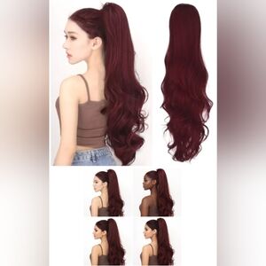 New Ponytail Extension Wavy Drawstring Burgundy Red Long Body Wave Clip Hair 28"